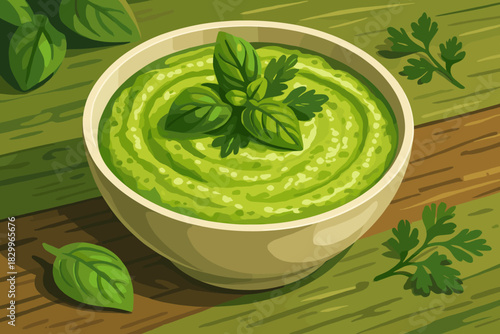 Creamy Pesto Delight. Bowl of creamy pesto garnished with fresh herbs, vibrant green tones, served on a rustic table, sharp vector