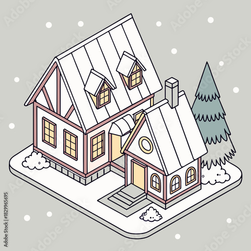 Vector isometric illustration featuring two connected half-timbered (Fachwerk) style houses covered in snow. The cozy winter scene includes a stylized pine tree and falling snow against a neutral back