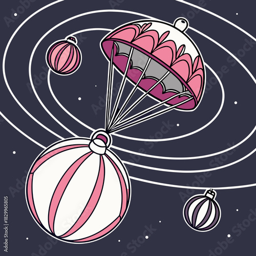 An abstract vector illustration showing a parachute attached to a giant Christmas ornament, floating against a backdrop of stars and planetary orbits. The image uses a dark purple, pink, and white pal