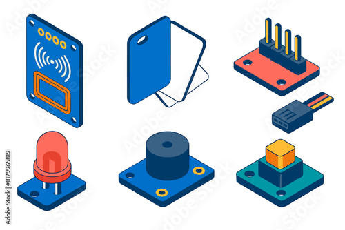 Colorful Robotics Kit Icons. Isometric vector illustration set Robotics kits – RFID reader, tag cards, antenna coil; module mount,