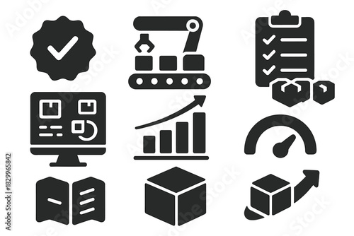 Small-Batch Production Icons. Solid style icons of small-batch production: limited series badge, short run assembly icon, batch