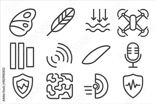 Adaptive Stealth Icons. Line style icons of Adaptive Stealth: Moth Wing, Owl Feather, Sound Absorption, Silent Design; Acoustic
