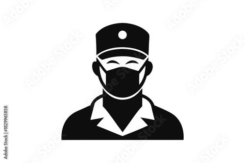 Person icon wearing a face mask and uniform presents safety awareness in monochrome