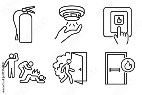 Fire Safety Icons. Line style icons of fire safety training: fire extinguisher icon, smoke detector test, fire alarm activation,