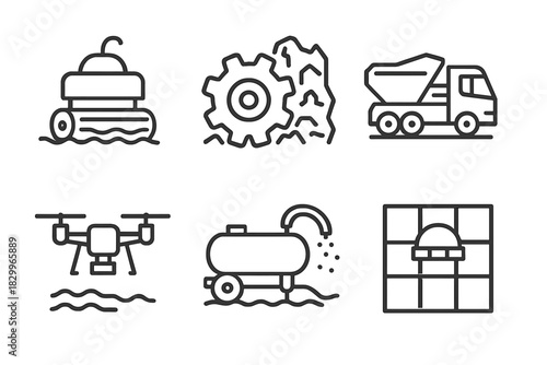 Surface Engineering Tools. Line style icons of surface engineering tools: robotic ground flattener, rock crusher gear, regolith