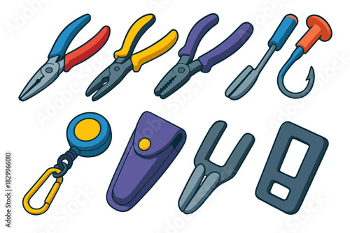 Fishing Tools Icons. Isometric vector illustration set Fishing equipment – pliers, split ring tool, crimping tool; hook eyed,