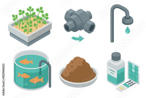 Aquaponics System Illustration. Isometric vector illustration set of Aquaponics systems: horizontal grow bed, check valve, drip