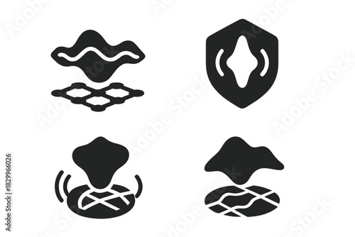 Acoustic Hologram Icons. Solid style icons of acoustic holograms: levitation grid with 3D wave icon, sound-shaped object badge,