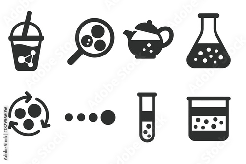 Bubble Tea Chemistry. Solid style icons of bubble tea science: molecular bubble tea diagram, tapioca pearl breakdown, tea infusion