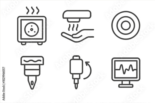 Tattoo Safety Icons. Line style icons of safety systems in tattoo robotics: sterilization chamber, skin detection sensor,