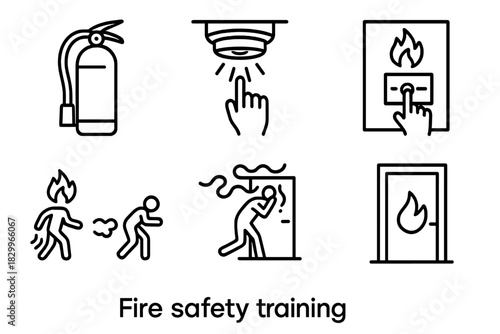 Fire Safety Icons. Line style icons of fire safety training: fire extinguisher icon, smoke detector test, fire alarm activation,