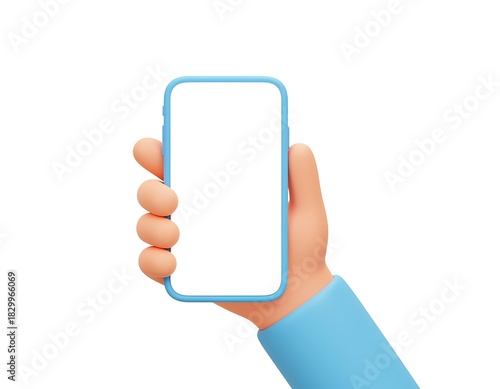 Stylized 3d cartoon hand holding a blue smartphone with blank white screen isolated on white background