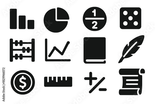 Statistical Analysis Icons. Solid style icons of statistical analysis in early games: bar chart, pie chart, fraction, dice, abacus