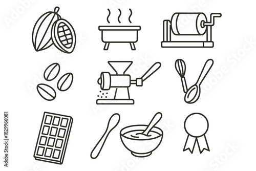 Chocolate Production Icons. Line style icons of Chocolate Production: Cacao Pod, Roasting, Conching Machine, Tempering; Cocoa