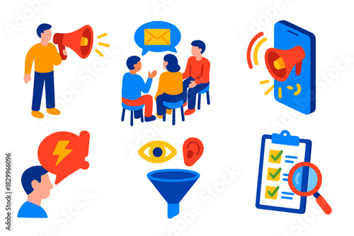 Rumor Transmission Isometrics. Isometric vector illustration set Psychology of rumor transmission: spreading messages, group