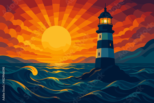 Sunrise Over Lighthouse. Vibrant vector illustration sunrise illuminating a distant lighthouse surrounded by waves, dramatic and
