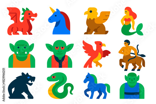 Mythical Creatures Icons. Flat vector icons of mythical creatures: dragon, unicorn, griffin, mermaid, troll, goblin, phoenix,