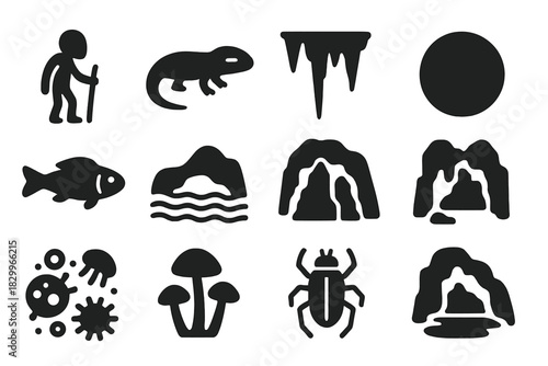 Deep Cave Biology. Solid style icons of Deep Cave Biology: Troglobite, Blind Creature, Stalactite, Permanent Darkness, Albino Fish