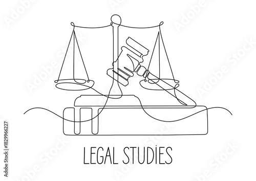 Legal studies. Judge gavel, scale, and book. Continuous line drawing.