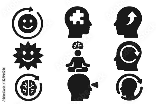 Psychological Rejuvenation Icons. Solid style icons of psychological rejuvenation: happy face + time ring, memory clarity icon,