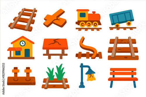 Forgotten Railway Icons. Flat vector icons of Forgotten Railway Scenes: rusted tracks, broken sleeper, abandoned locomotive,