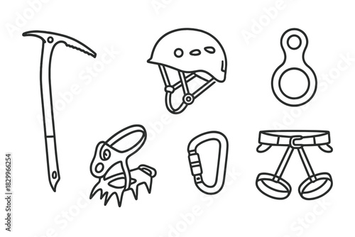 Ice Climbing Gear Icons. Line style icons of ice climbing gear: ice axe, crampons, climbing helmet, belay device, carabiner,