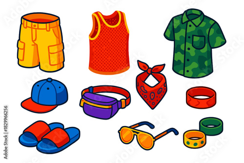 Street Fashion Icons. Isometric vector illustration set Street fashion – cargo shorts, mesh tank top, camo shirt; snapback cap,