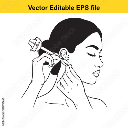 Line art illustration of a woman getting an ear piercing done with a piercing gun, isolated on white background