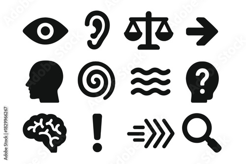 Sensory Perception Icons. Solid style icons of sensory conflict and perception: eye, ear, balance scale, human head, spiral, waves