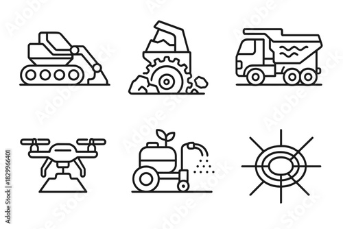 Surface Engineering Tools. Line style icons of surface engineering tools: robotic ground flattener, rock crusher gear, regolith