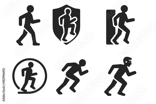 Runner Behavior Icons. Solid style icons of runner behavior and posture: upright backward stride icon, bent knee lift badge, arm