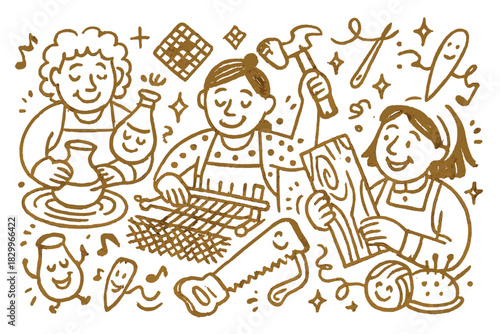 Artisans' Joyful Revelry. Playful doodle intangible craft skills illustration with smiling artisans, cartoon tools dancing,