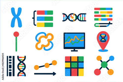 Comparative Genomics Icons. Flat vector icons of comparative genomics: chromosome, gene cluster, mutation point, sequence