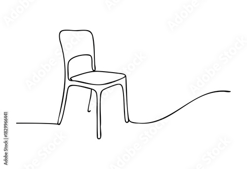 A minimalist chair drawing, crafted from a single continuous black line on a white background, symbolizing simplicity and modern design