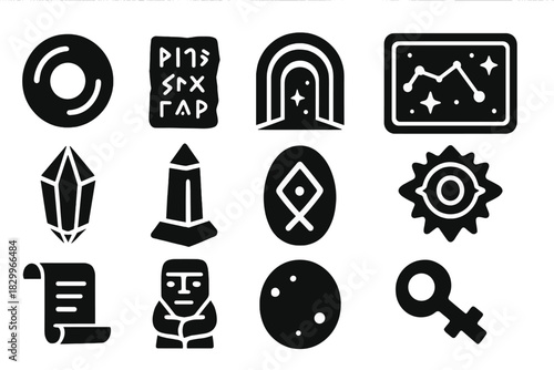 Cosmic Mystery Icons. Solid style icons of Cosmic Mysteries: Orb, Ancient Script, Portal, Star Map, Crystal, Obelisk, Rune, Relic,