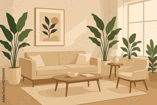 Modern Minimalist Living Room. Elegant modern living room with warm neutral tones, minimalist décor, vector illustration and lush
