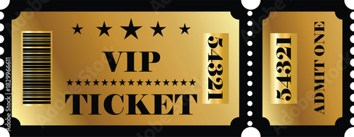 Luxury golden vip ticket with barcode and stars for exclusive entry