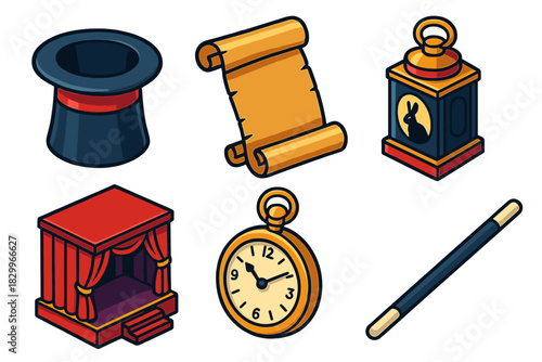 Famous Magicians Icons. Isometric vector illustration set History of Famous Magicians: vintage top hat, old poster scroll, magic