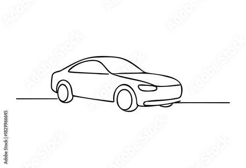 Modern car: continuous single line drawing, minimalist art, sleek design, and an abstract representation of a vehicle.