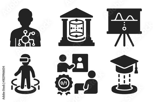 Teleportation Education Icons. Solid style icons of teleportation training and education: student with teleport circuit board,