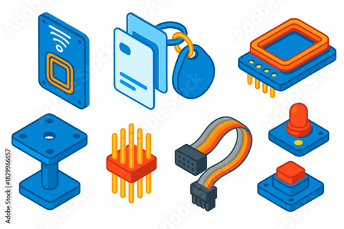 Colorful Robotics Kit Icons. Isometric vector illustration set Robotics kits – RFID reader, tag cards, antenna coil; module mount,