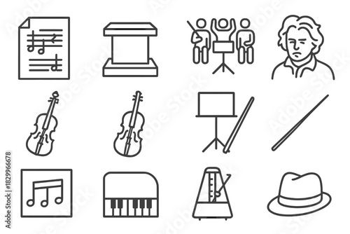 Abandoned Orchestra Icons. Line style icons of Abandoned Composition: Unfinished Score, Conductor's Podium, Silent Orchestra, Lost