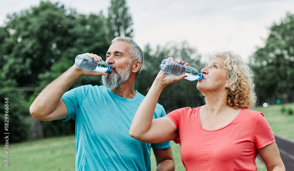 Naklejka premium Smiling active mature mid aged couple jogging exercising and having fun and laughing together taking a break drinking water in the park