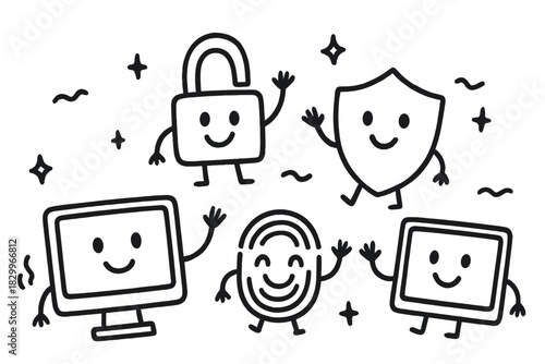 Doodle Data Protection Lab. Playful doodle data protection lab with smiling computers, cartoon locks and shields waving, cheerful