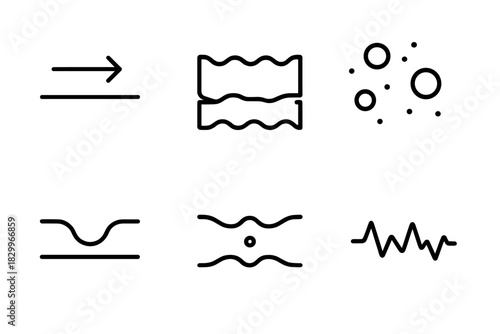 Tribology Icons Collection. Line style icons of Tribology Concepts: friction arrow, contact surface diagram, micro-abrasion