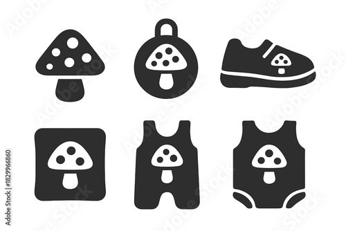 Children's Fungus Apparel Icons. Solid style icons of children’s living fungus apparel: tiny mushroom hat icon, playful spore