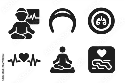Meditation Tech Icons. Solid style icons of deep meditation tech: EEG-guided meditation glyph, zero-input headset icon, breath