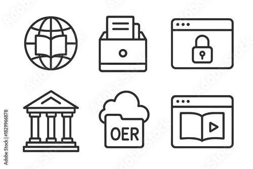 OER Icons Compilation. Line style icons of OER platforms and repositories: global repository icon, online archive symbol, open