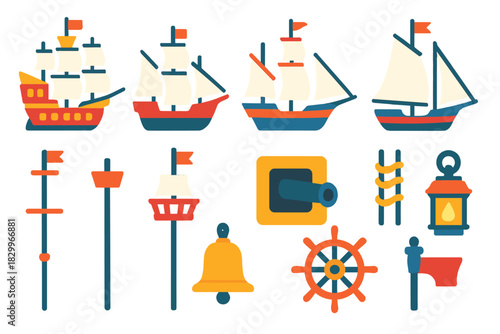 Traditional Sailing Ship Icons. Flat vector icons of traditional sailing ships: galleon, clipper, caravel, schooner, brigantine,