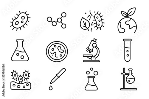 Microbial Cleanup Icons. Line style icons of Microbial Cleanup: Bacteria, Polymer Chain, Breakdown Process, Environmental Solution